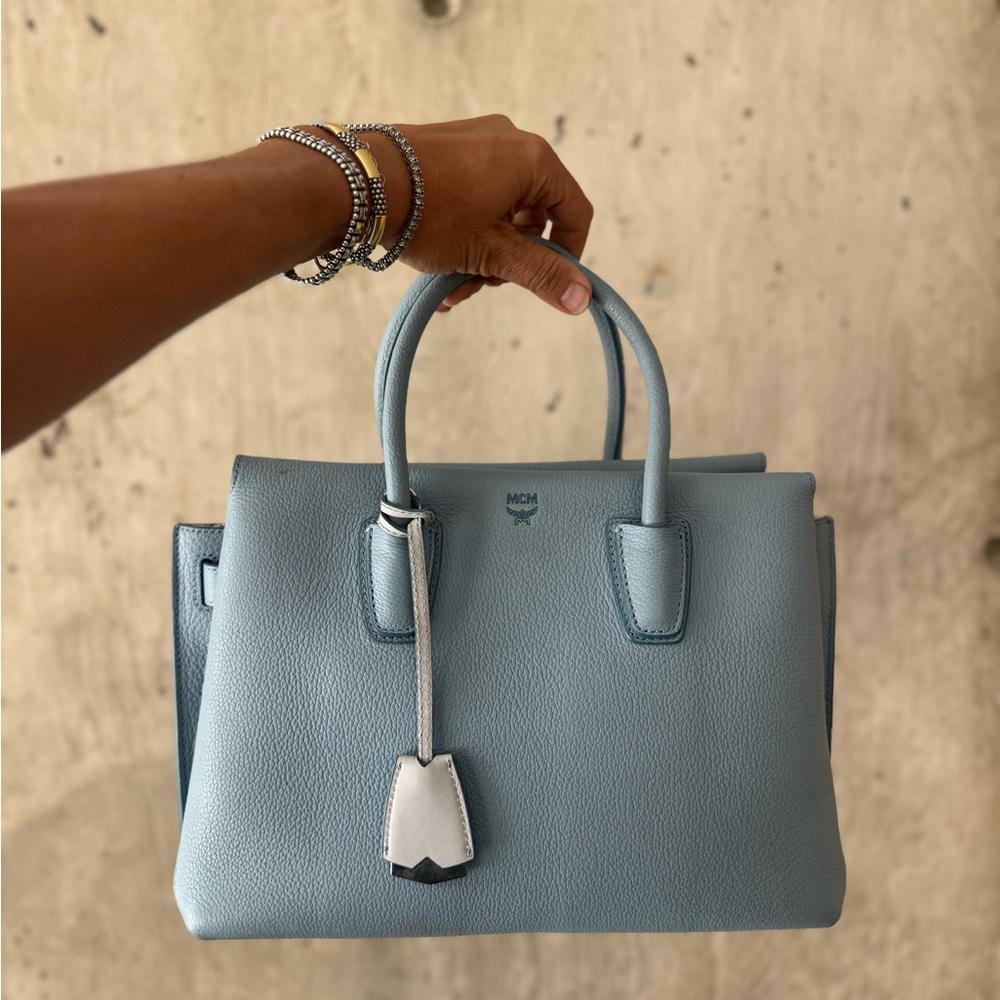 MCM Light Blue Leather Satchel